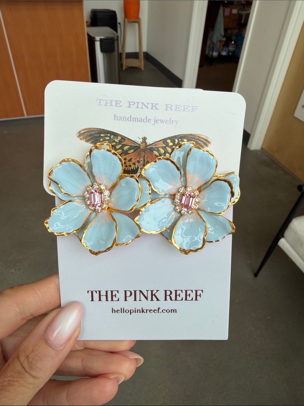 Blue Floral Statement Earrings with Pink Crystal Center